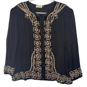 1980s Moonlite New York Beaded Silk Evening Jacket NWT Black Gold Pearl XL